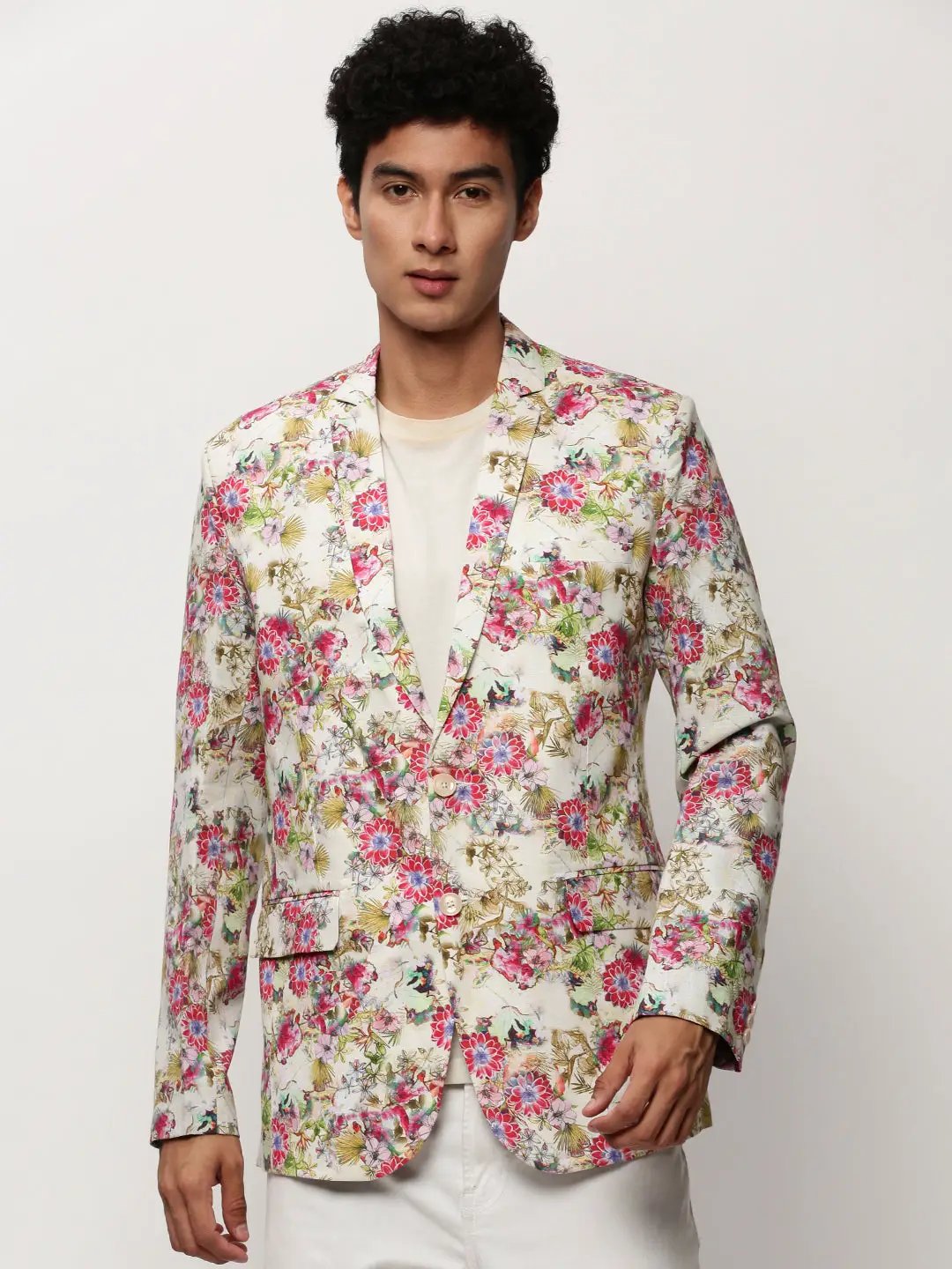 Men's Off White Printed Notched Lapel Collar Single Breasted Slim-Fit Casual Blazer