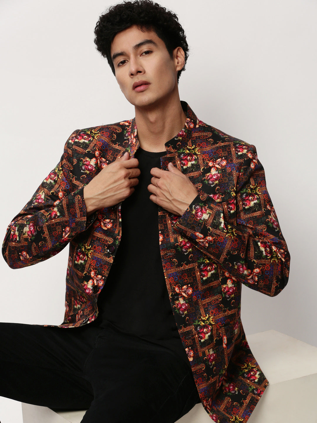 Men's Black Floral Printed Bandhgala Blazer