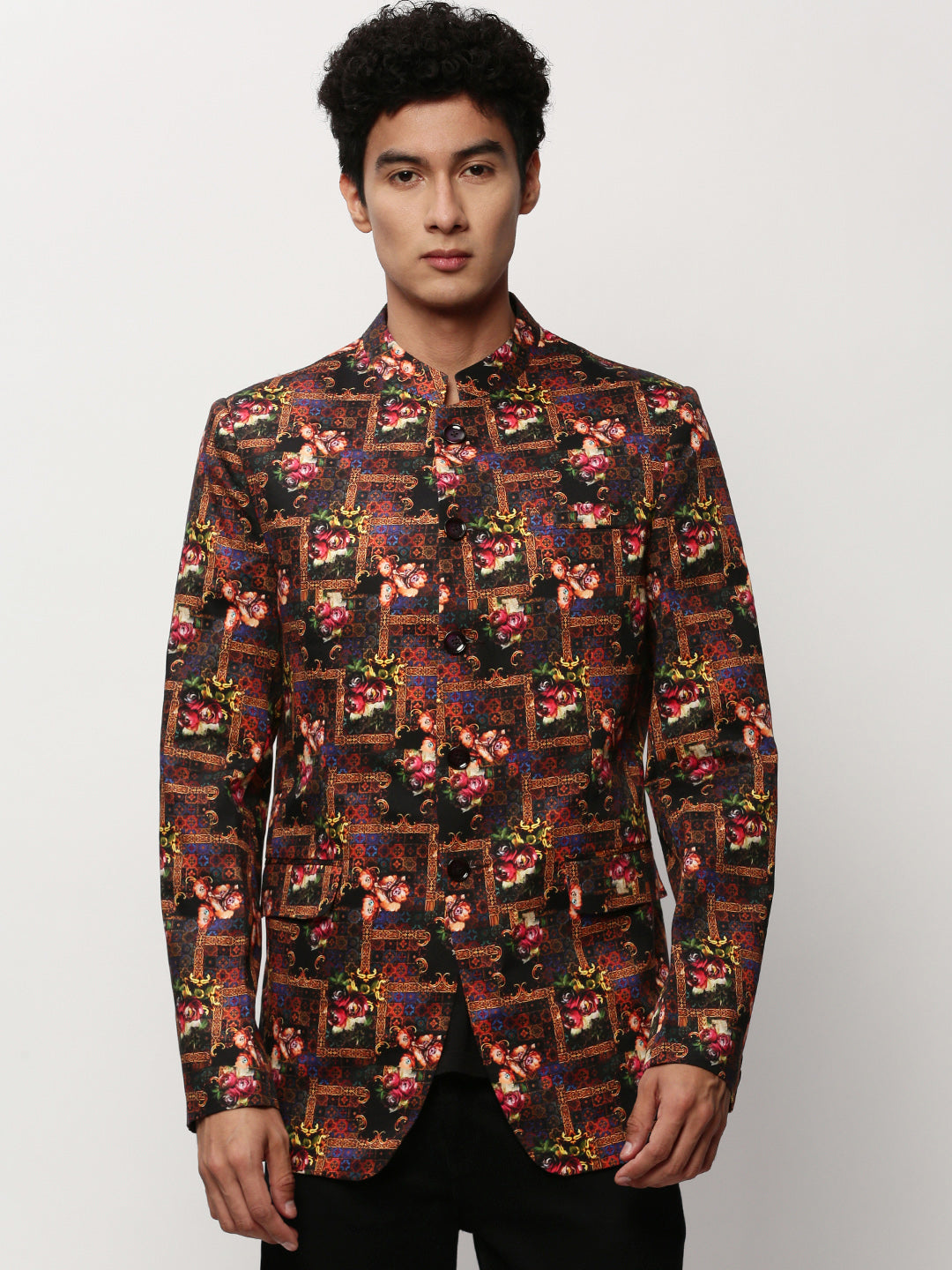 Men's Black Floral Printed Bandhgala Blazer