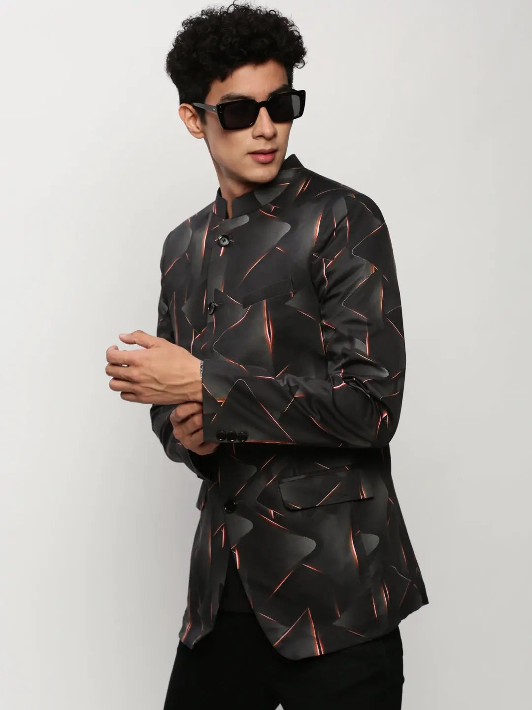 Men's Black Printed Mandarin Collar Bandhgala Blazer