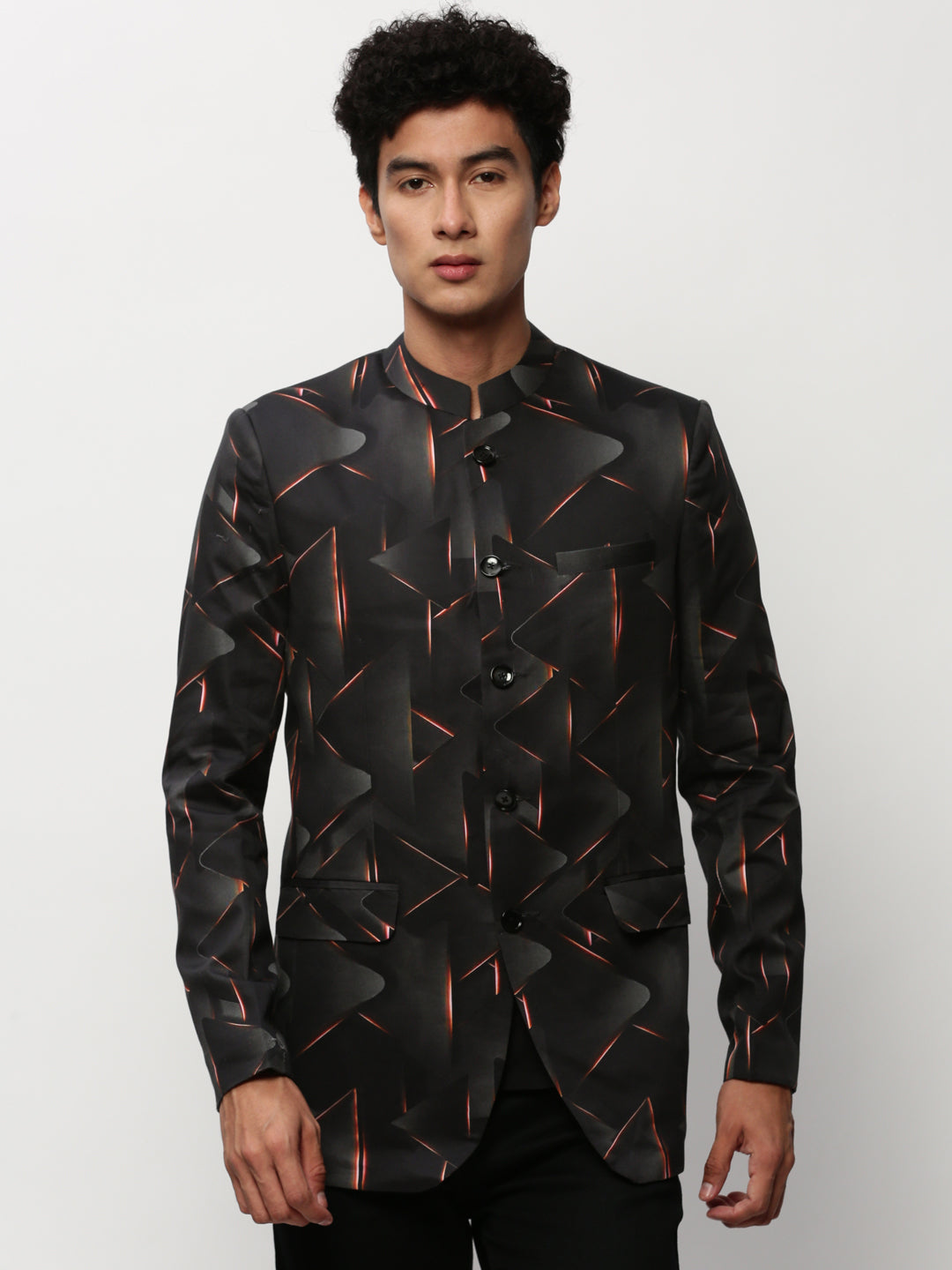 Men's Black Printed Mandarin Collar Bandhgala Blazer