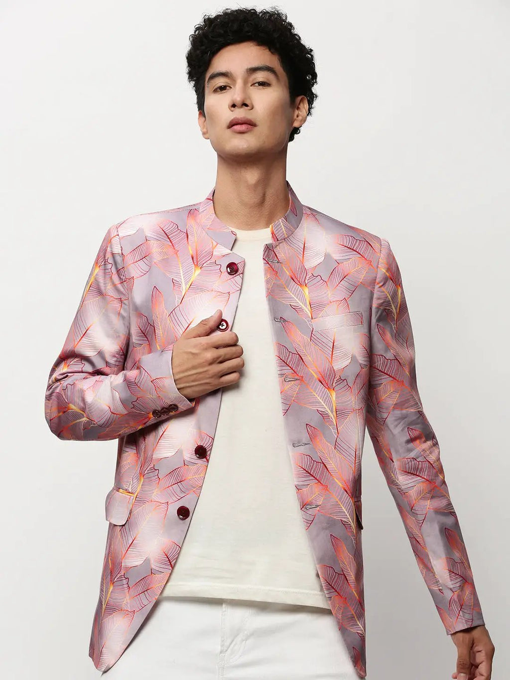 Men's Mauve Floral Printed Mandarin Collar Slim-Fit Twill Cotton Bandhgala Blazer