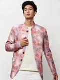 Men's Mauve Floral Printed Mandarin Collar Slim-Fit Twill Cotton Bandhgala Blazer