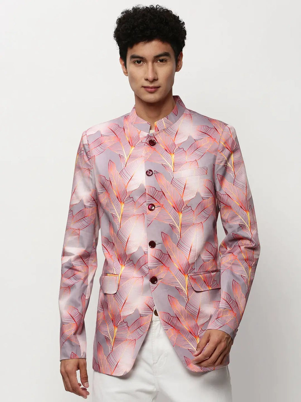 Men's Mauve Floral Printed Mandarin Collar Slim-Fit Twill Cotton Bandhgala Blazer