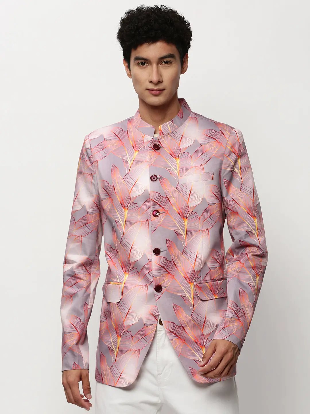 Men's Mauve Floral Printed Mandarin Collar Slim-Fit Twill Cotton Bandhgala Blazer