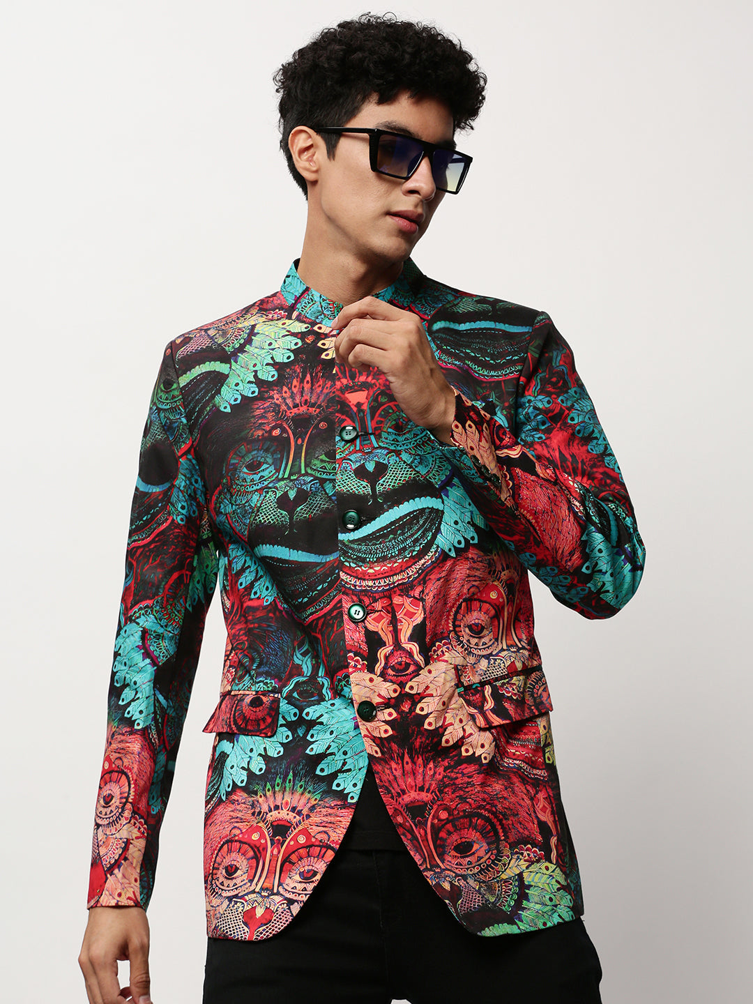 Men's Multi Graphic Printed Mandarin Collar Single-Breasted Bandhgala Cotton Casual Blazer