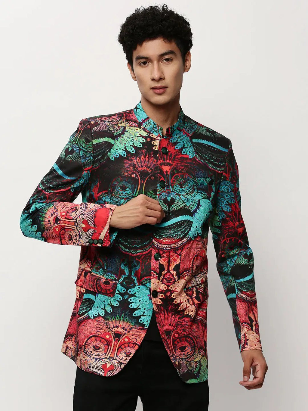 Men's Multi Graphic Printed Mandarin Collar Single-Breasted Bandhgala Cotton Casual Blazer