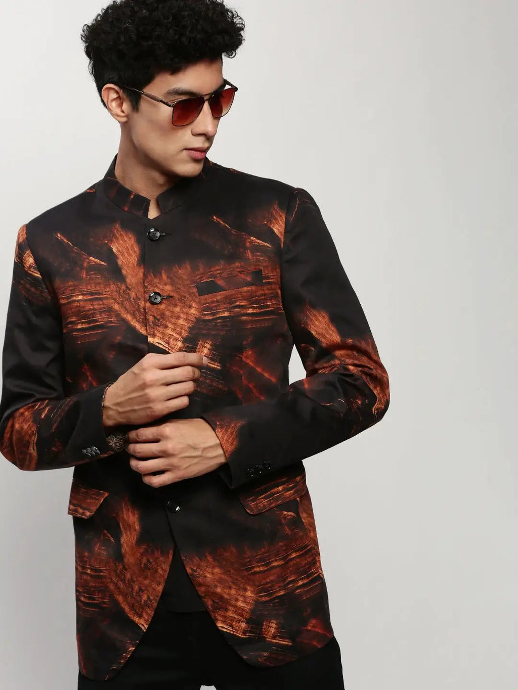 Men's Black Slim-Fit Printed Mandarin Collar Bandhgala Cotton Casual Blazer
