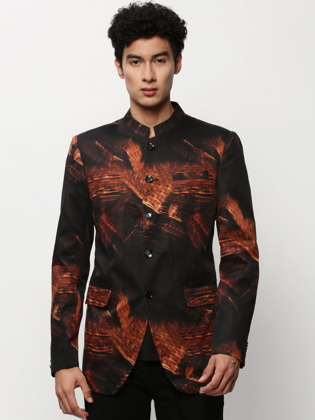 Men's Black Slim-Fit Printed Mandarin Collar Bandhgala Cotton Casual Blazer