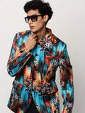 Men's Blue Slim-Fit Printed Mandarin Collar Bandhgala Cotton Casual Blazer