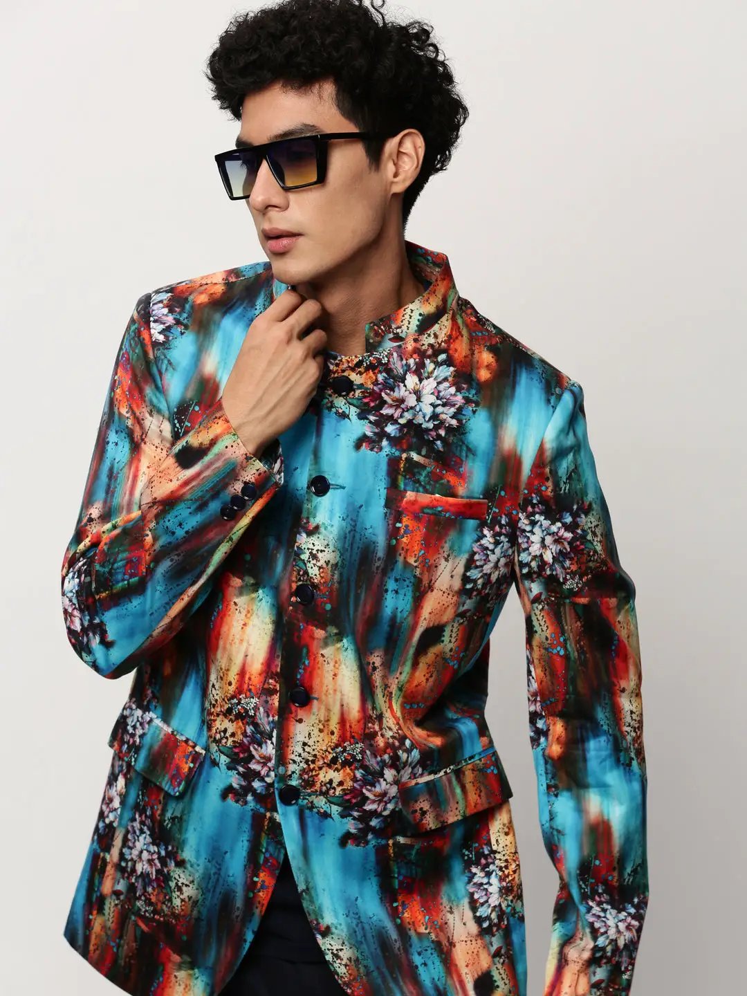 Men's Blue Slim-Fit Printed Mandarin Collar Bandhgala Cotton Casual Blazer
