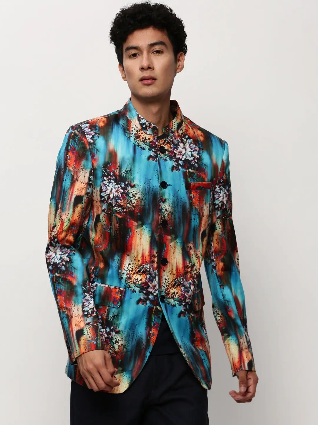 Men's Blue Slim-Fit Printed Mandarin Collar Bandhgala Cotton Casual Blazer