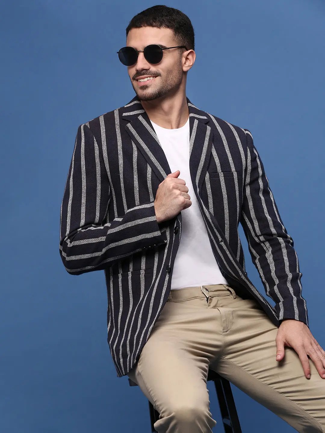 Men's Navy Blue Slim Fit Single-Breasted Checked Notched Lapel Cotton Blazers