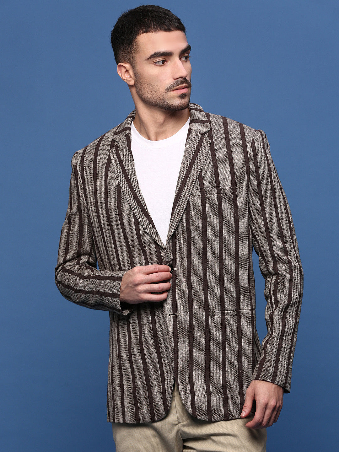Men's Brown Slim Fit Striped Single Breasted Blazer