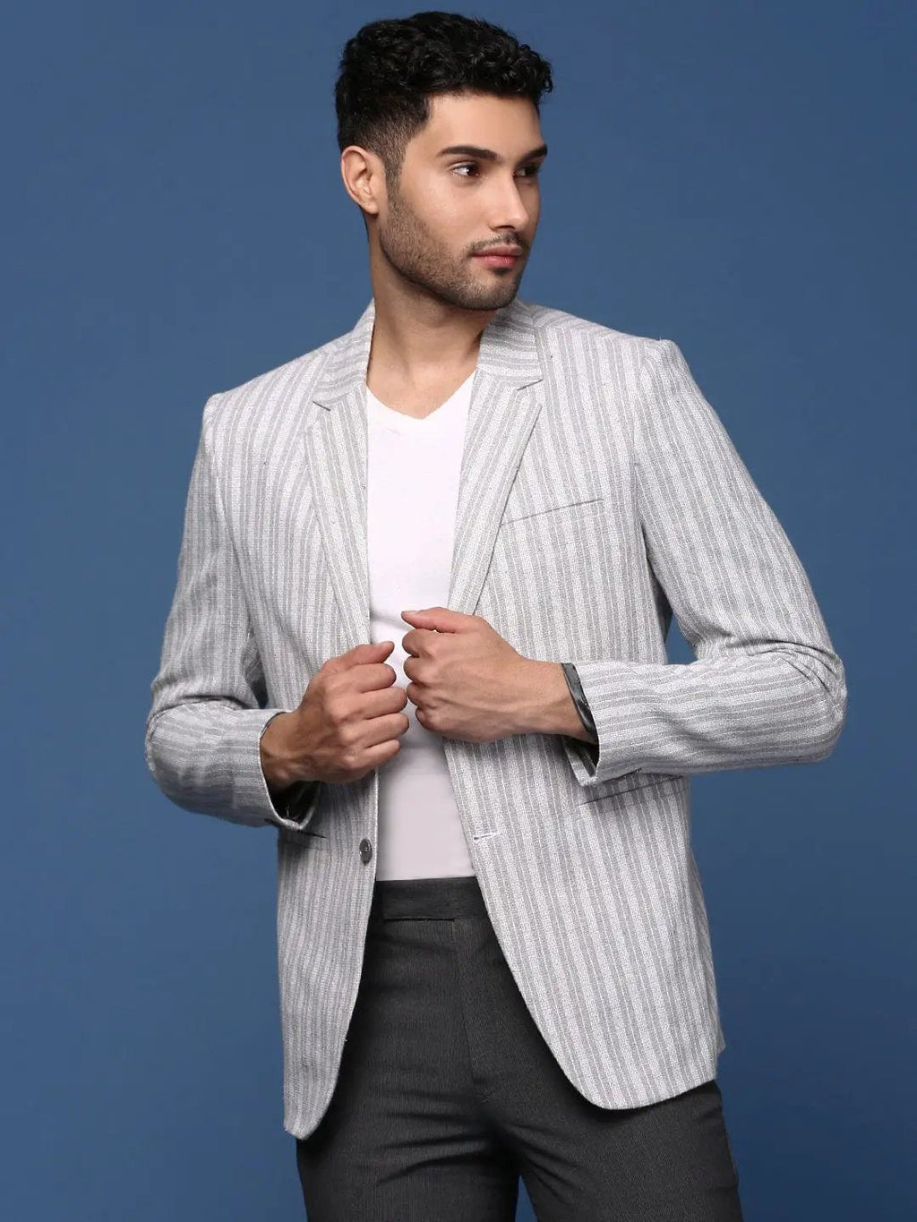 Men's Grey Notched Lapel Single Breasted Slim Fit Blazer