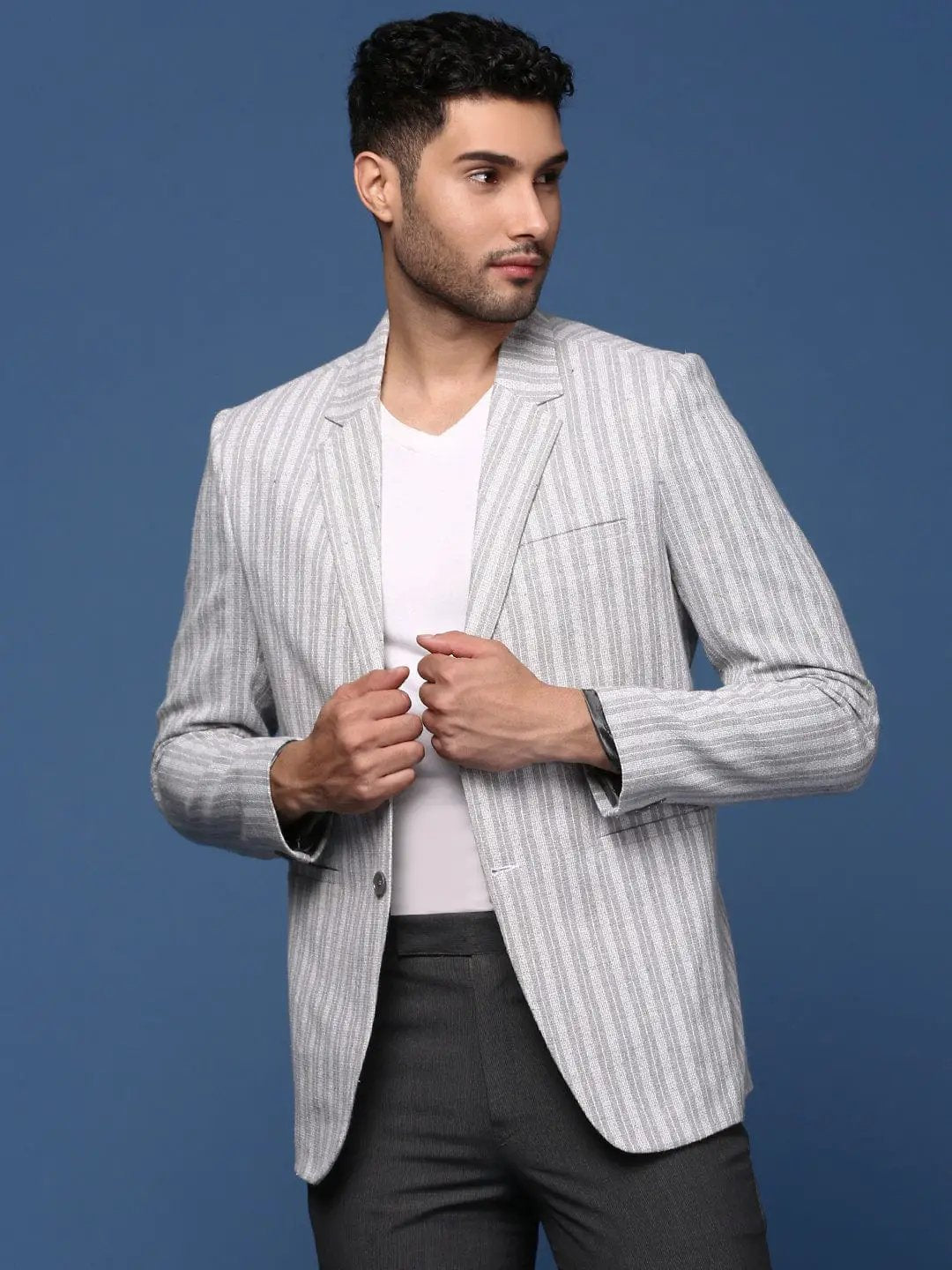 Men's Grey Notched Lapel Single Breasted Slim Fit Blazer