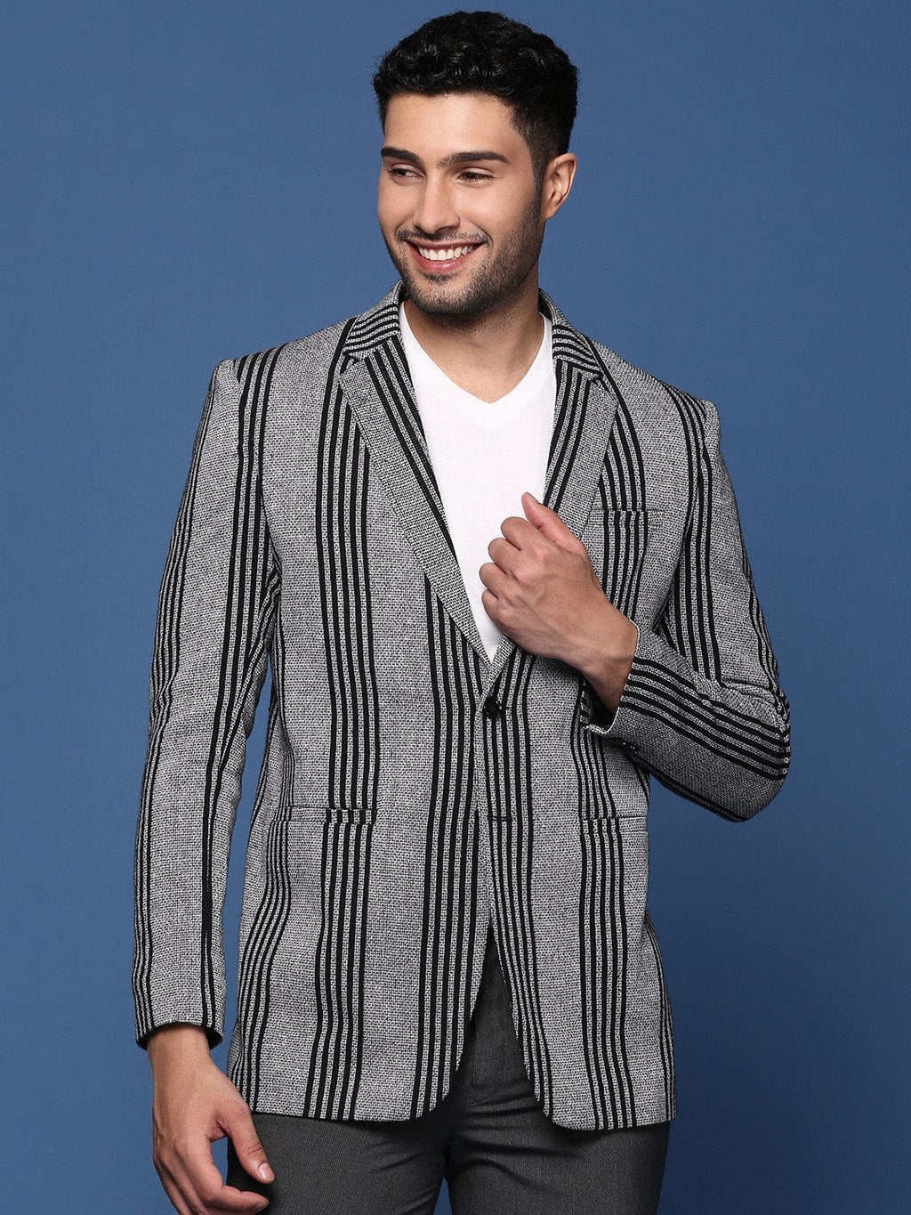 Men's Grey Slim Fit Single Breasted Cotton Blazer