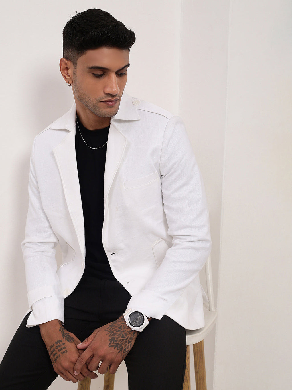 Men's White Slim-Fit Notched Lapel Single-Breasted Cotton Blazer
