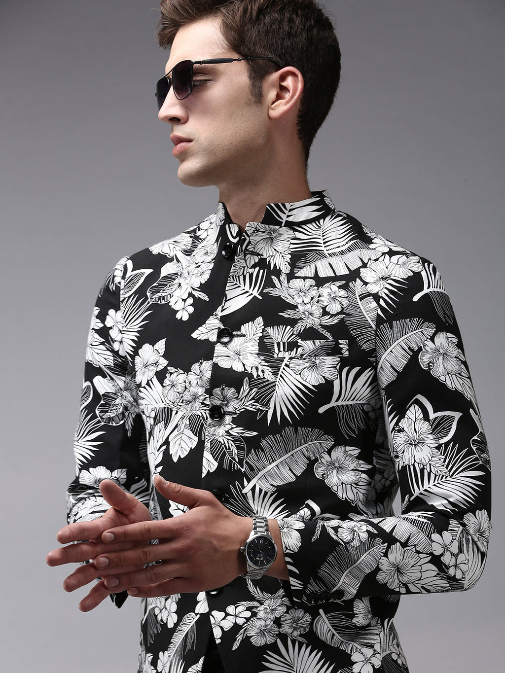 Men's Black Printed Bandhgala Blazer