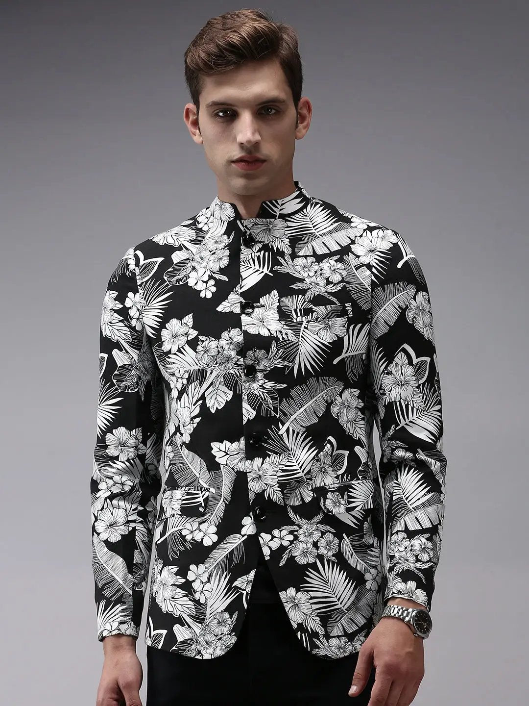 Men's Black Printed Bandhgala Blazer