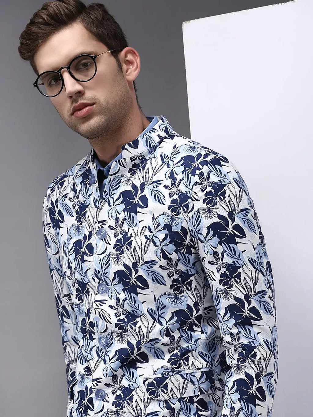 Men's White Printed Single-Breasted Bandhgala Blazer