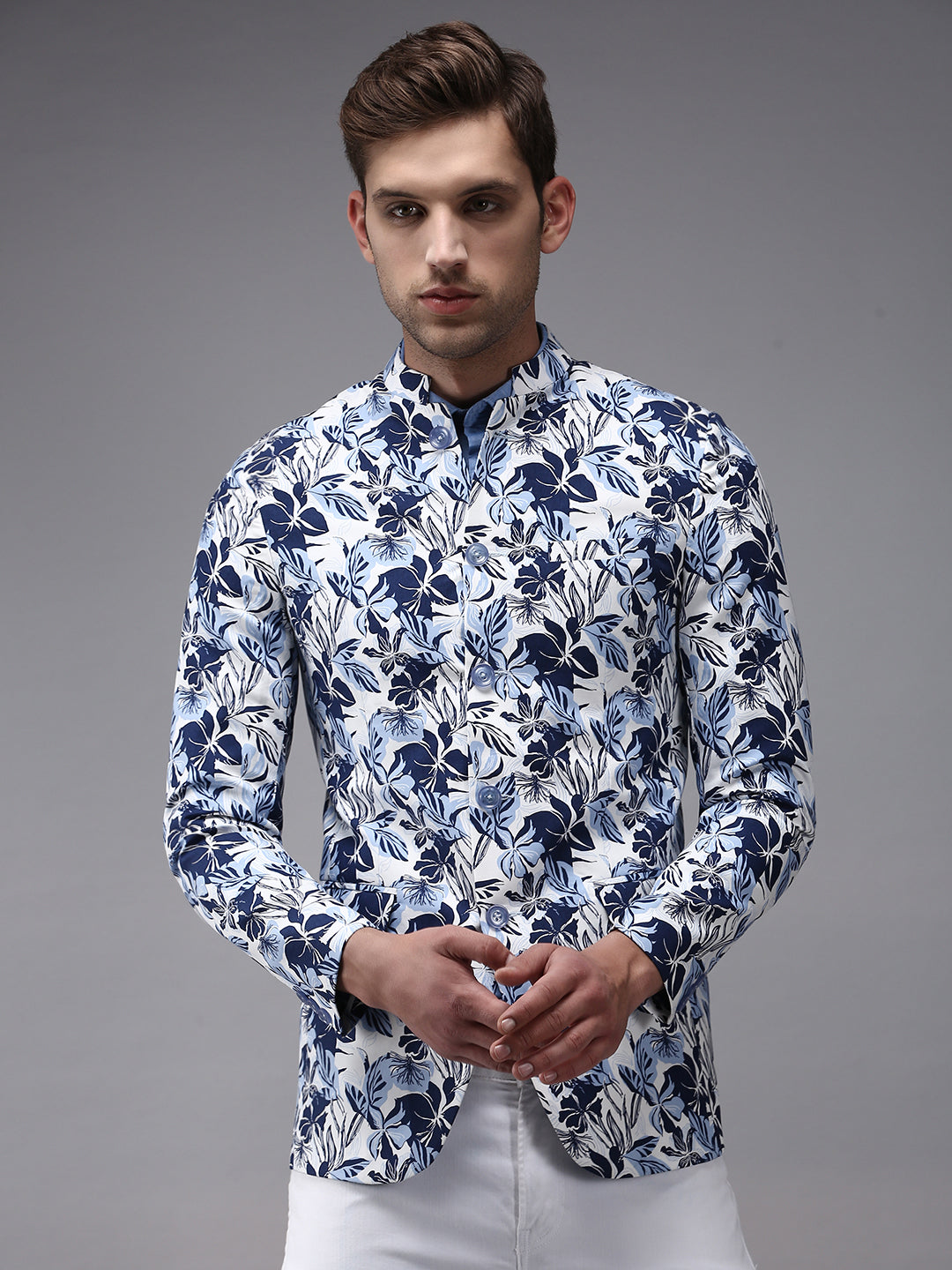 Men's White Printed Single-Breasted Bandhgala Blazer