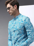 Men's Blue Printed Bandhgala Blazer
