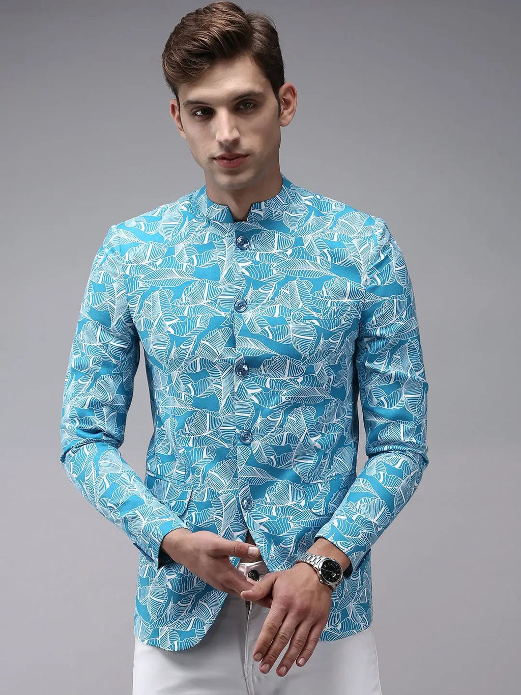 Men's Blue Printed Bandhgala Blazer