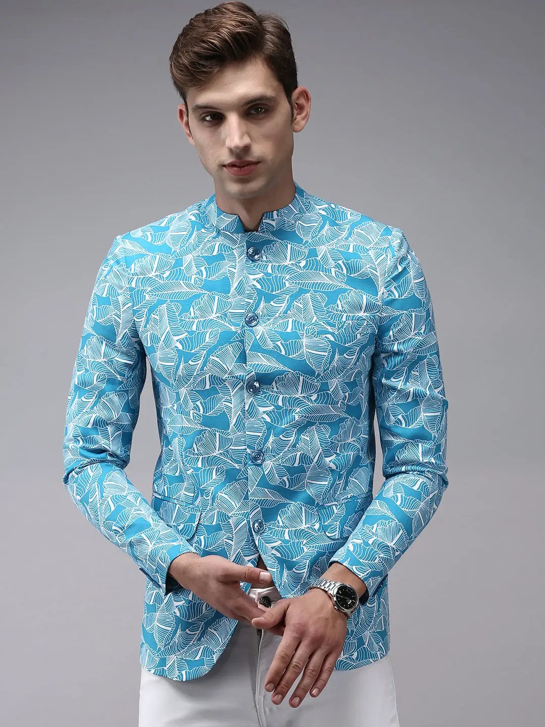 Men's Blue Printed Bandhgala Blazer