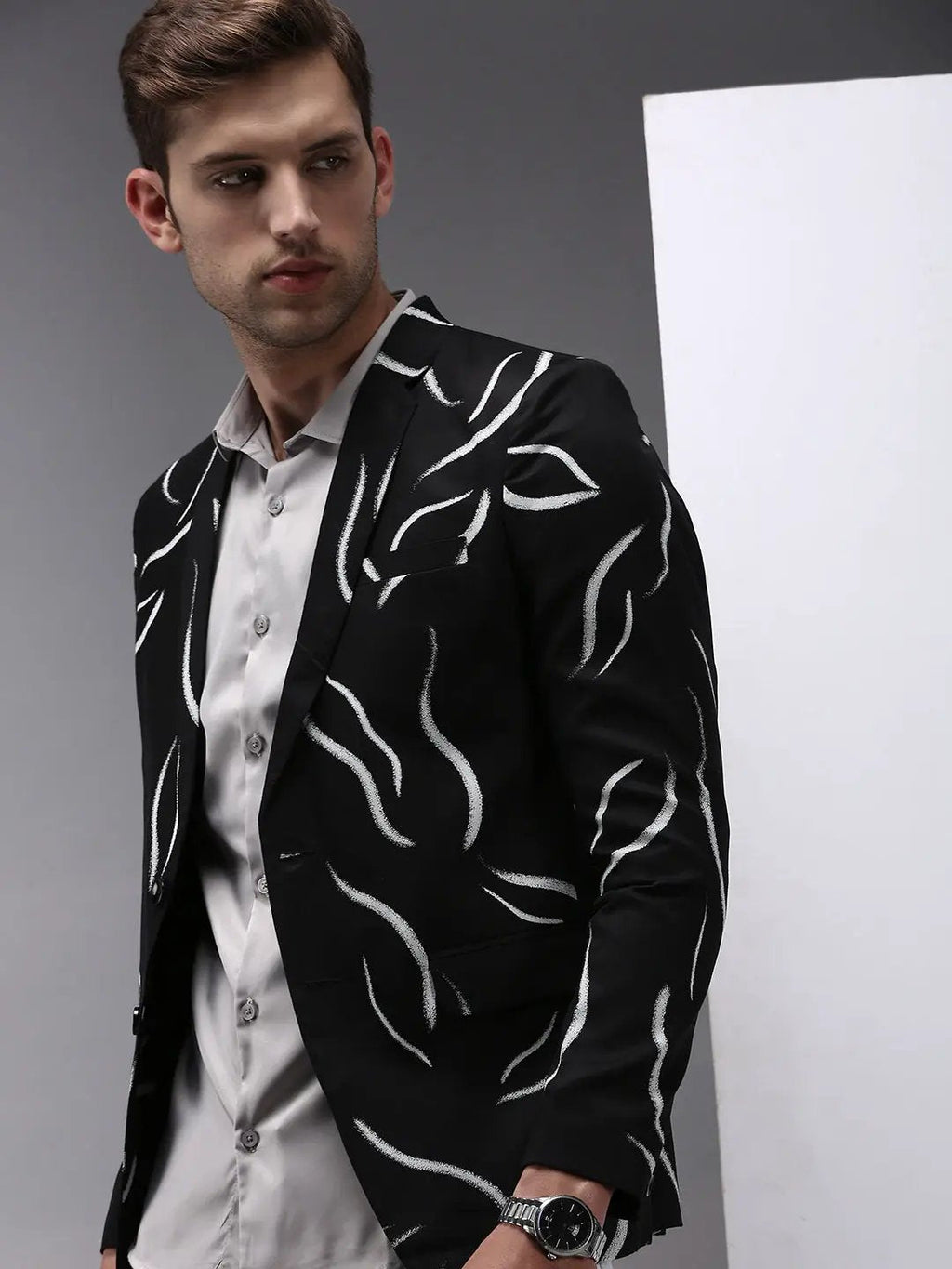 Men's Black Printed Single Breasted Blazers