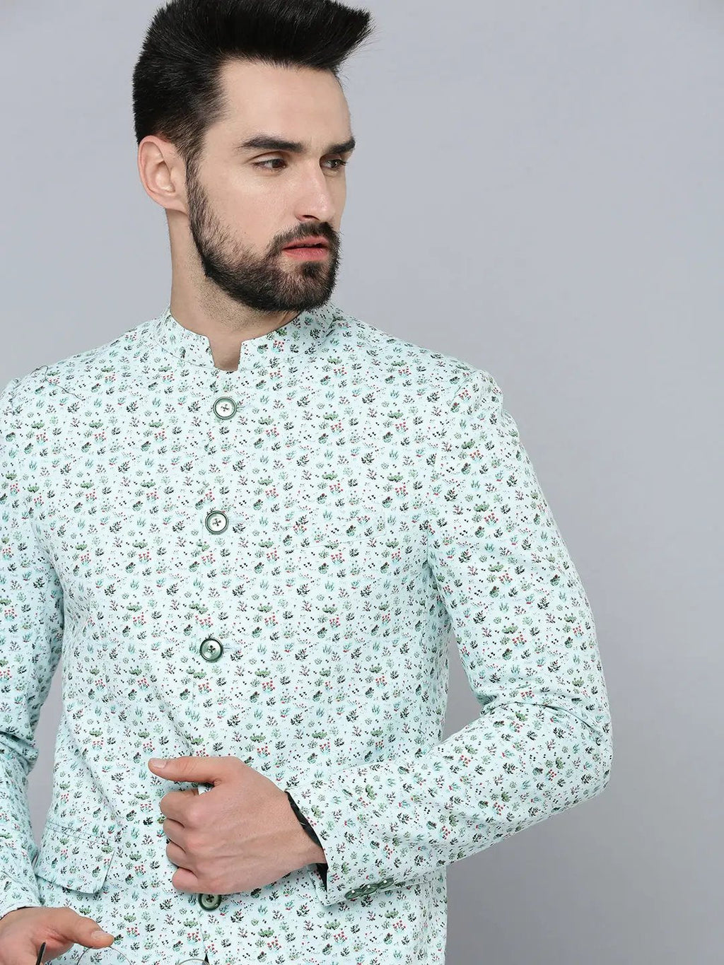 Men's Sea Green Printed Bandhgala Blazer