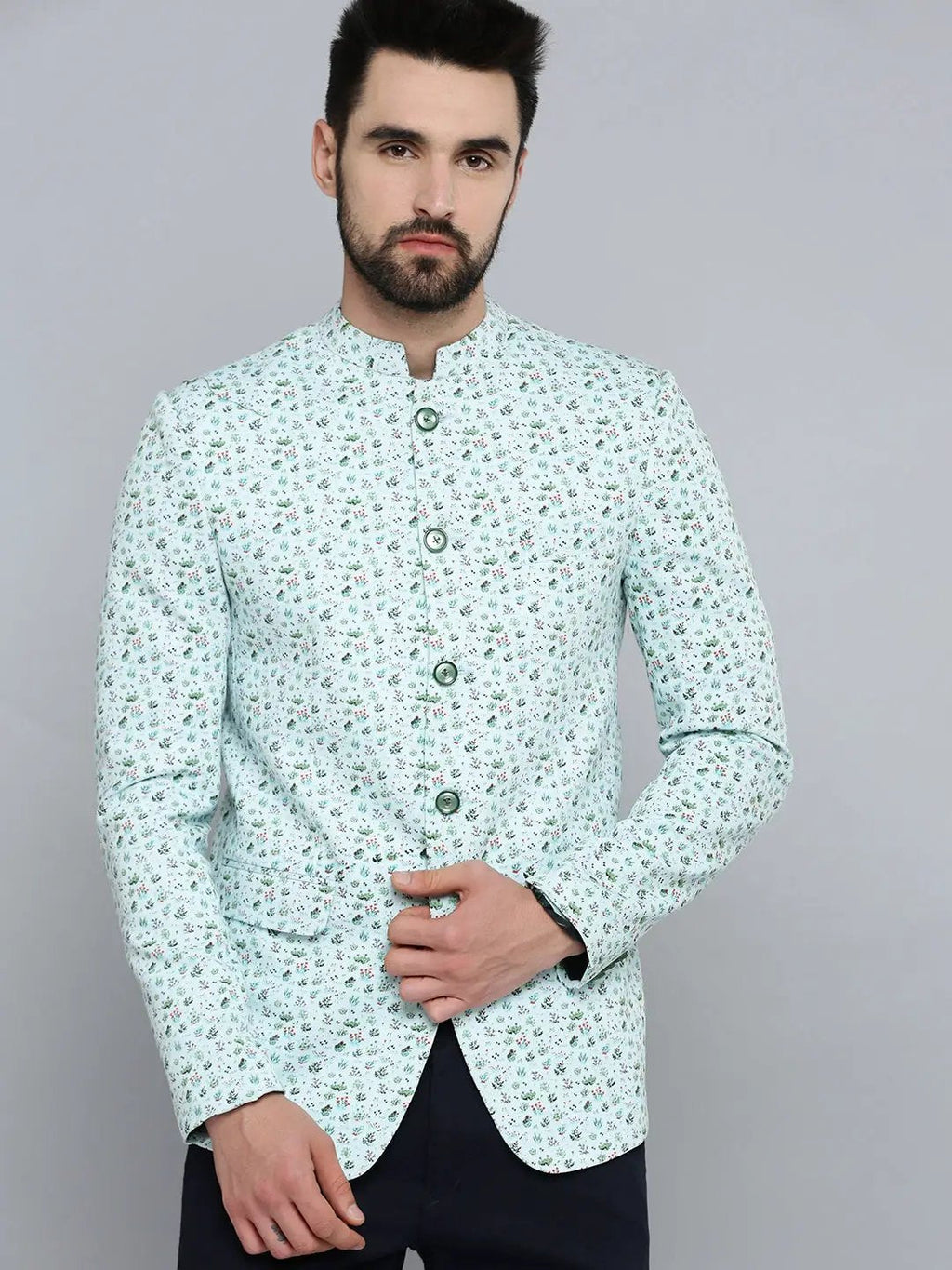 Men's Sea Green Printed Bandhgala Blazer