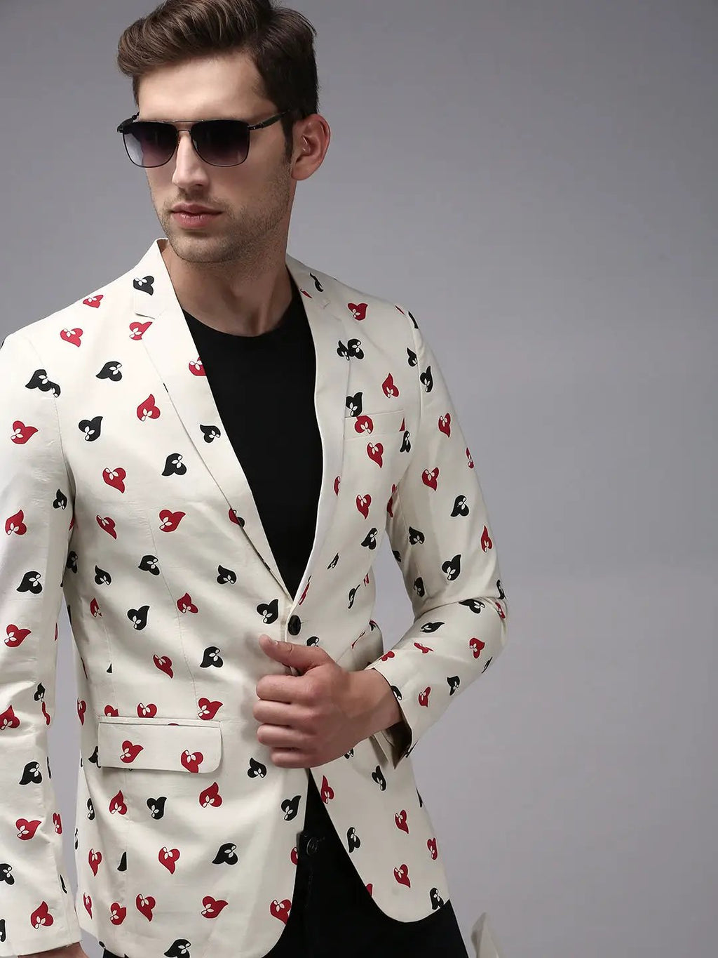 Men's Cream Printed Single-Breasted Blazer
