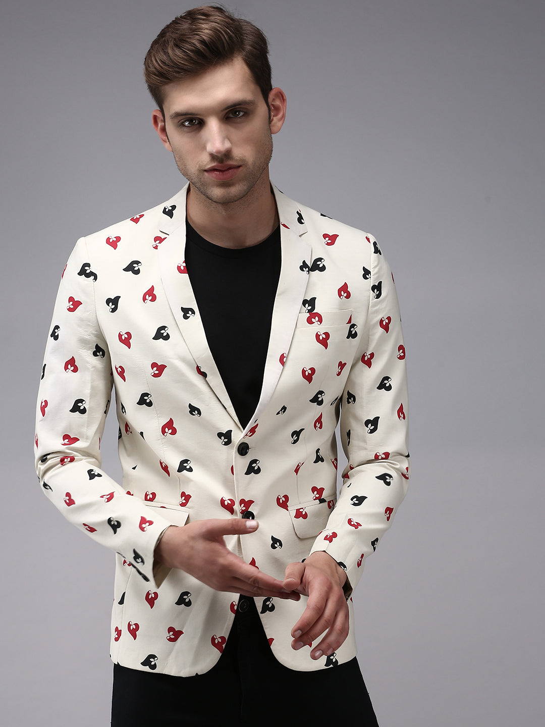 Men's Cream Printed Single-Breasted Blazer