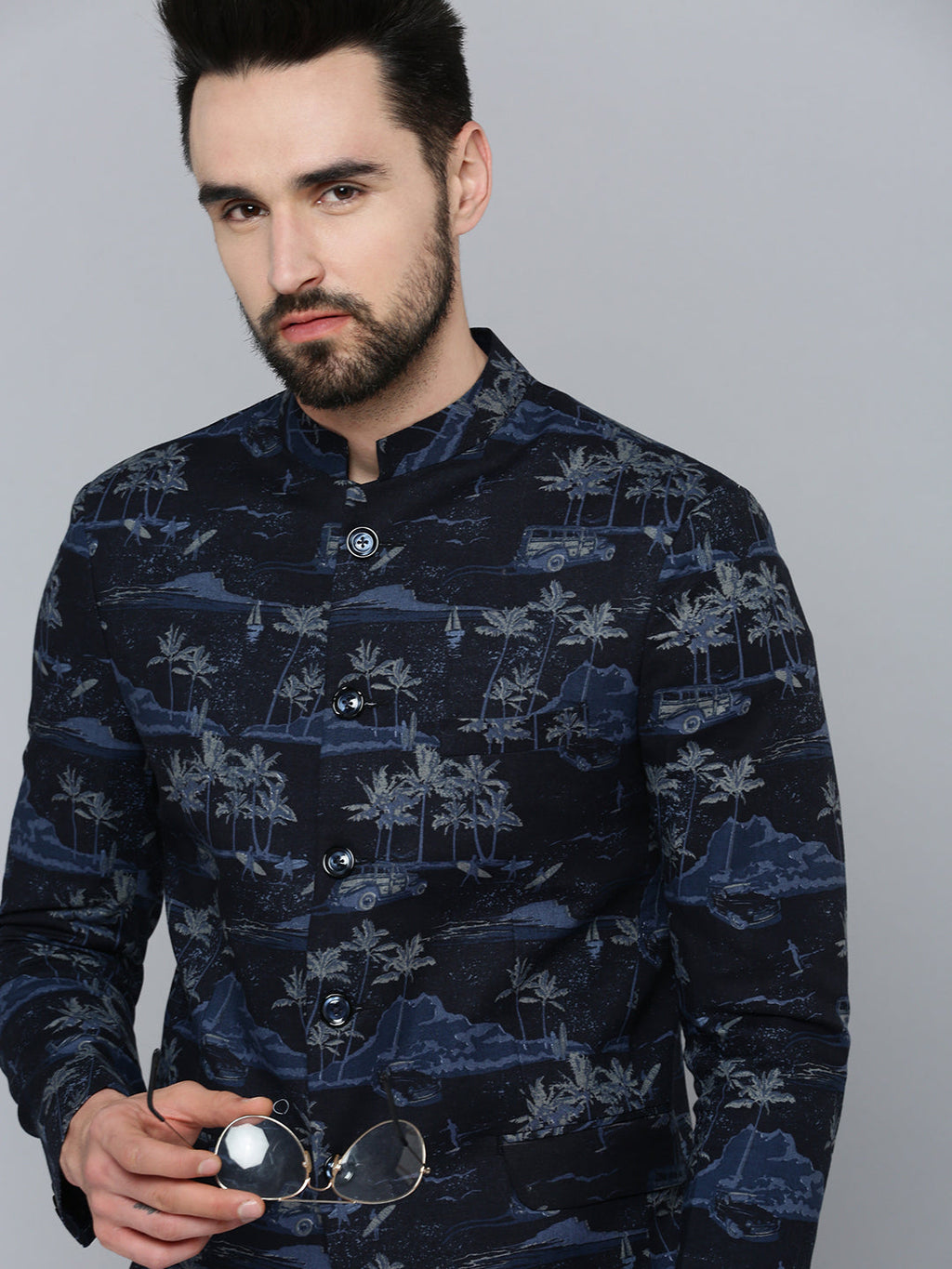 Men's Navy Blue Printed Single-Breasted Blazer