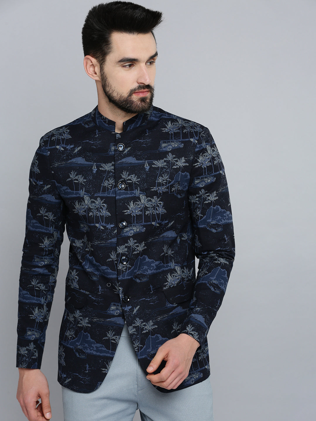 Men's Navy Blue Printed Single-Breasted Blazer