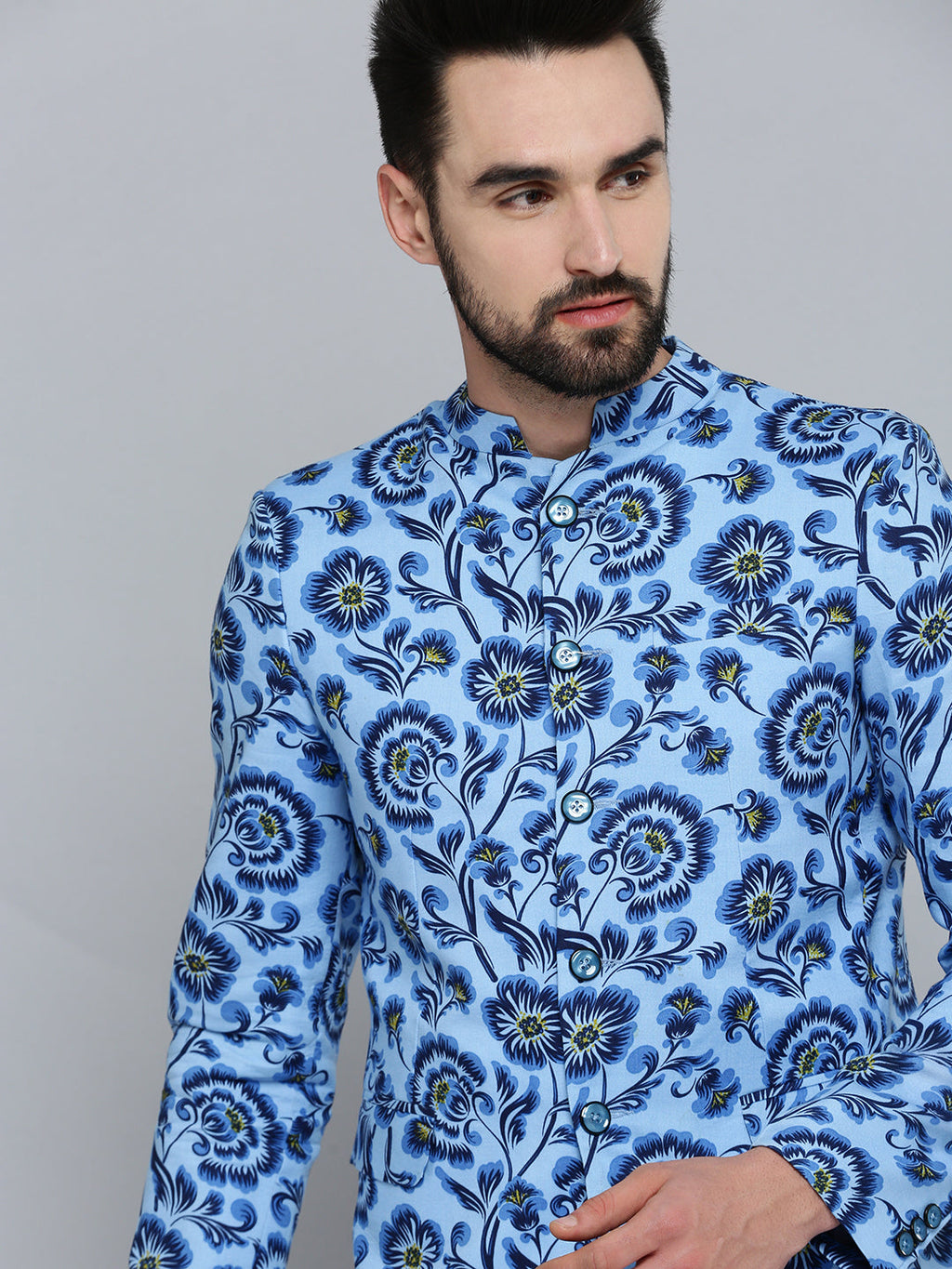 Men's Blue Printed Single-Breasted Blazer