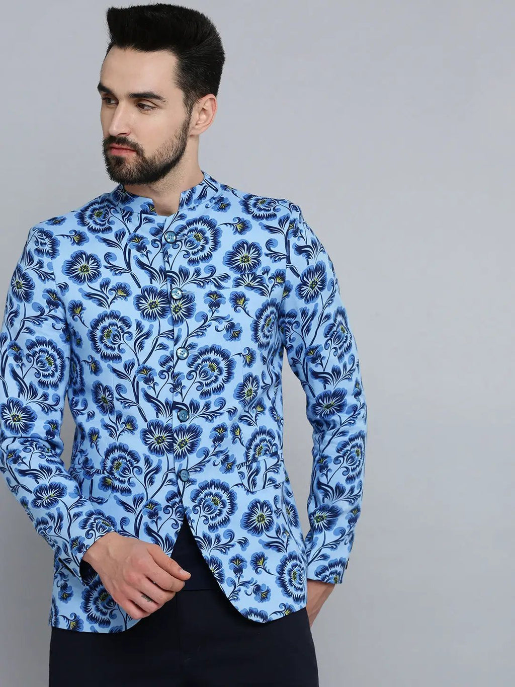 Men's Blue Printed Single-Breasted Blazer