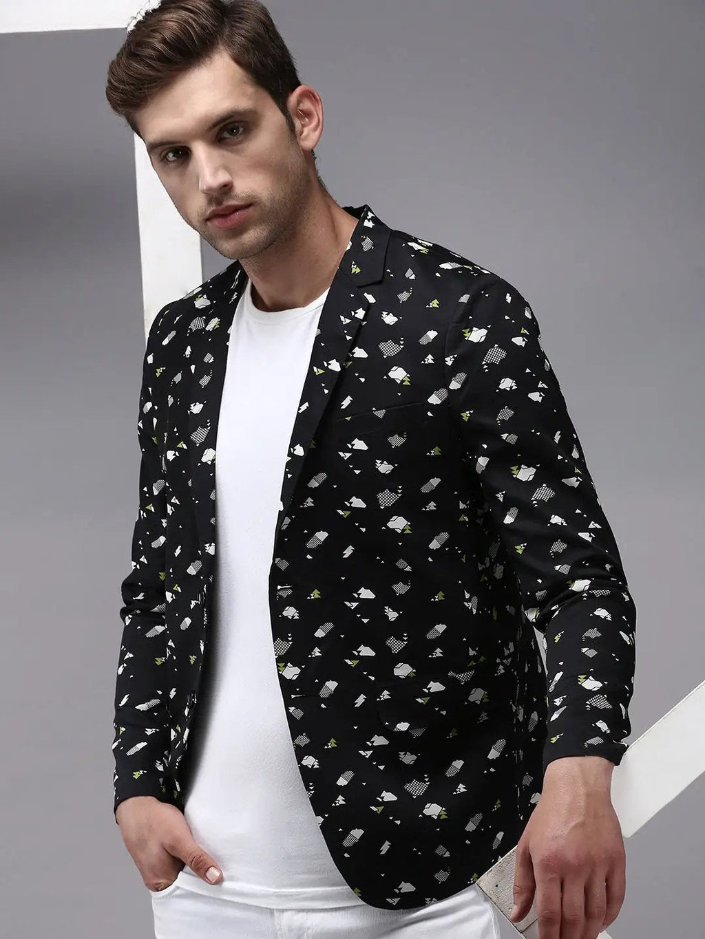 Men's Black Printed Single-Breasted Blazer