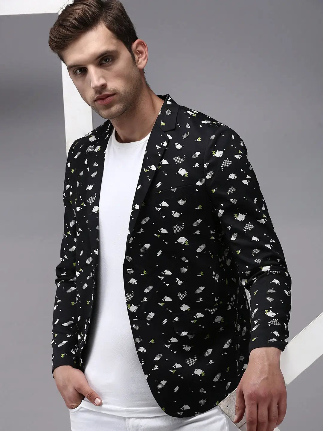 Men's Black Printed Single-Breasted Blazer