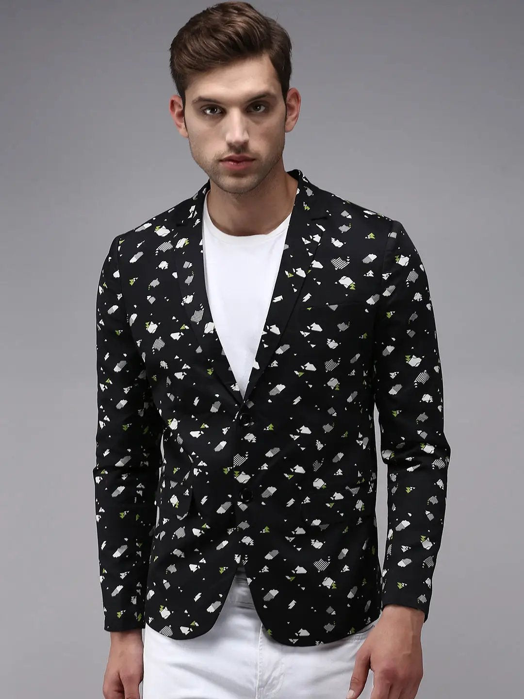 Men's Black Printed Single-Breasted Blazer