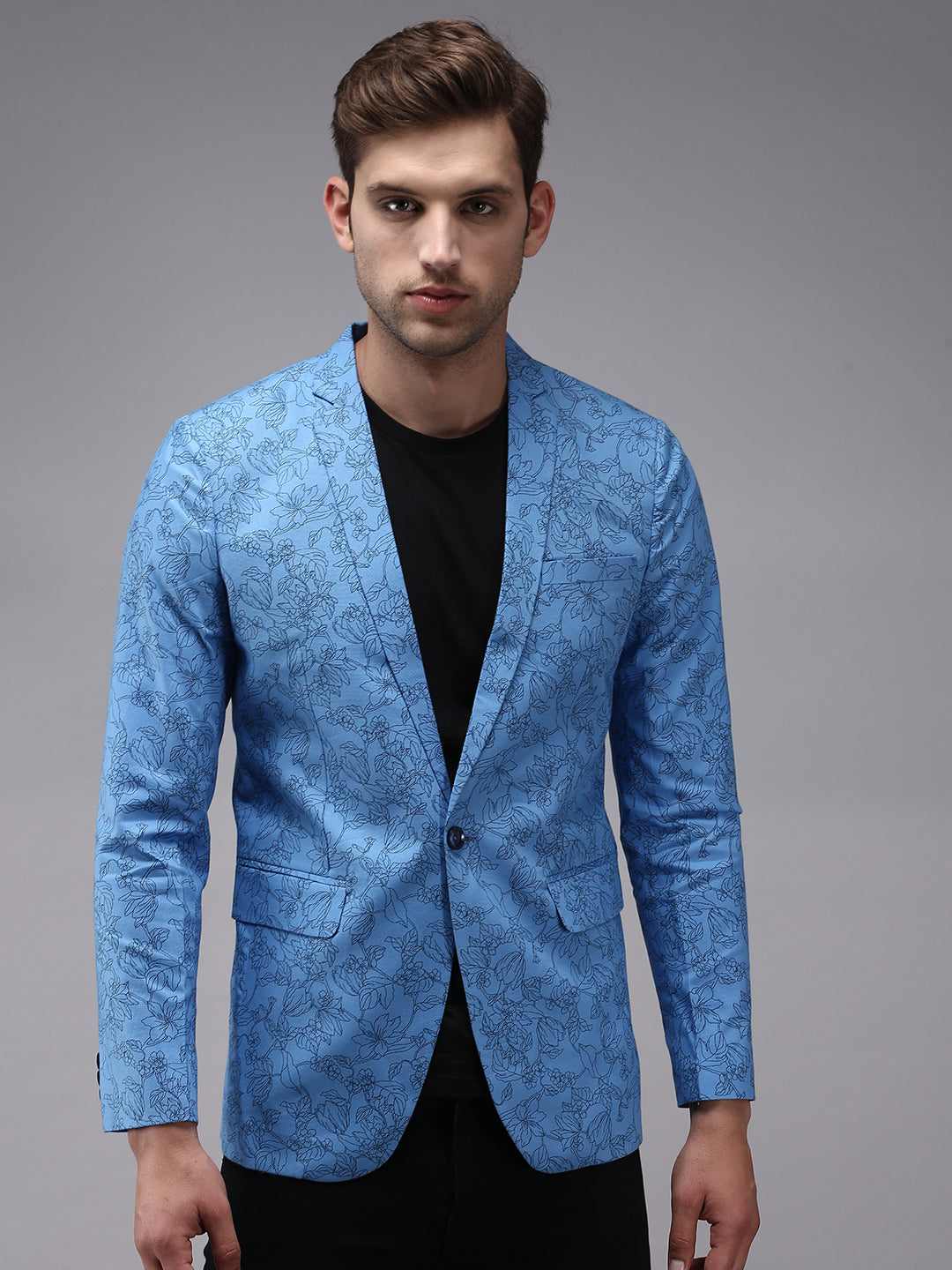 Men's Blue Printed Single Breasted Blazer