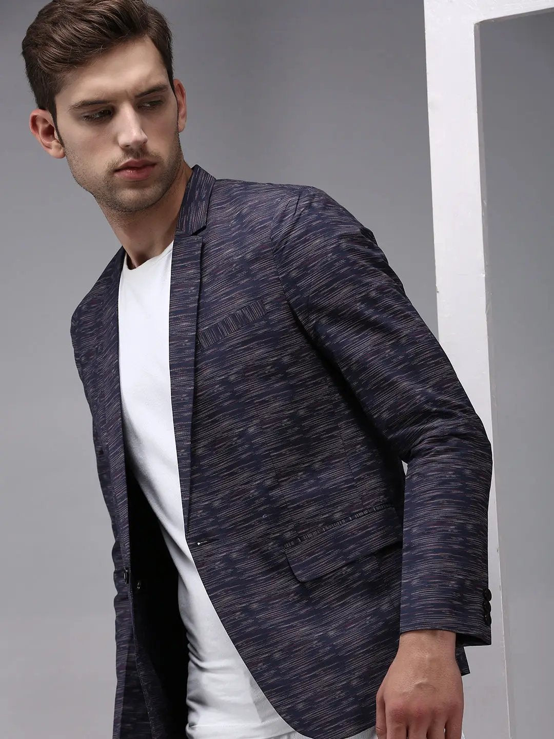 Men's Navy Blue Printed Single-Breasted Blazer