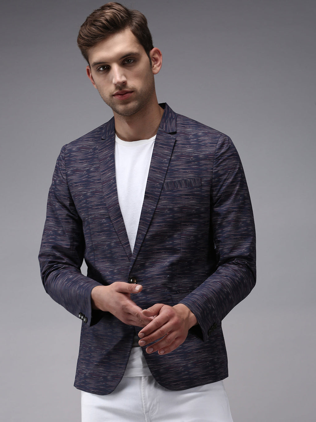 Men's Navy Blue Printed Single-Breasted Blazer