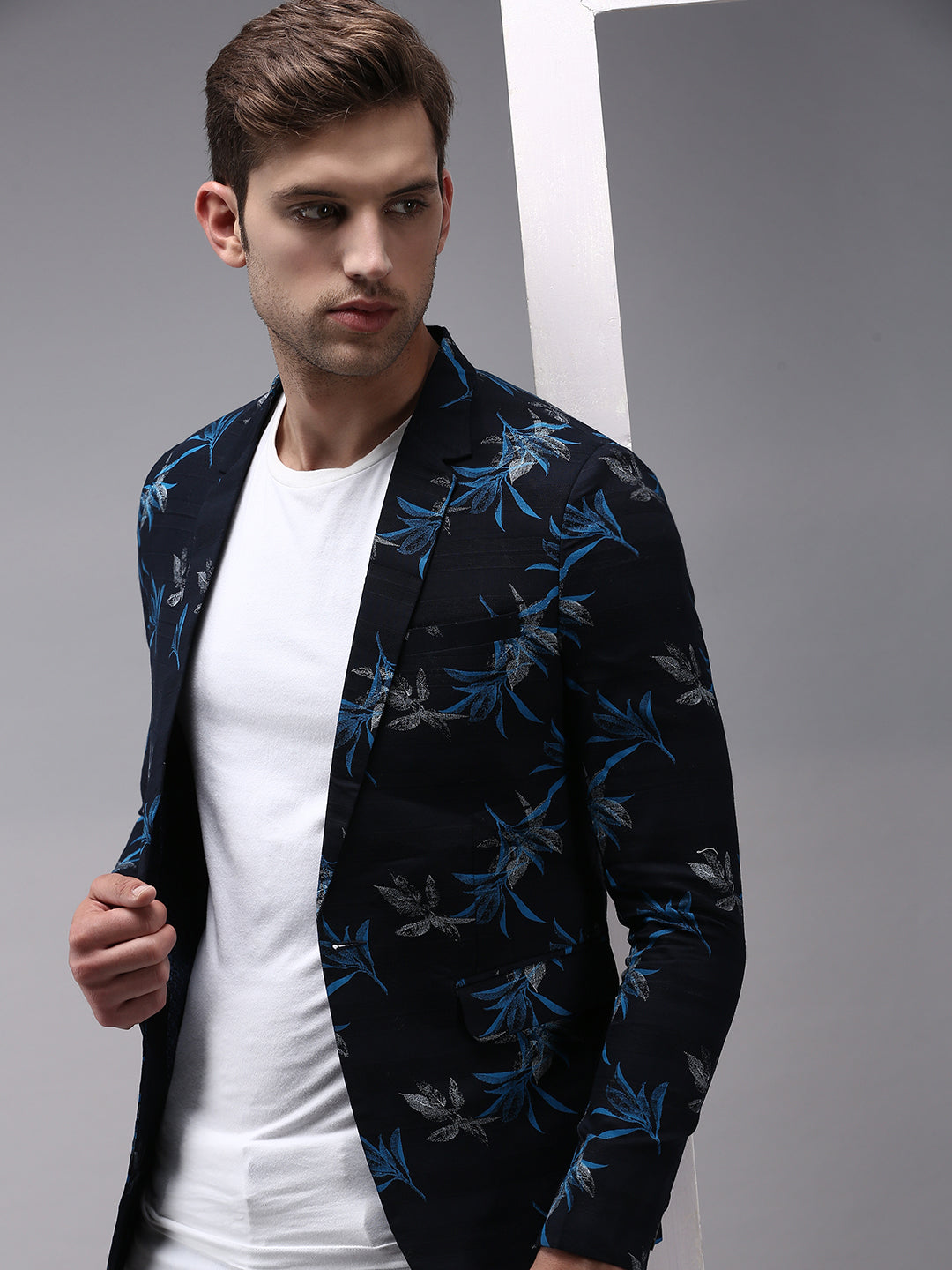 Men's Navy Blue Printed Single-Breasted Party Blazers