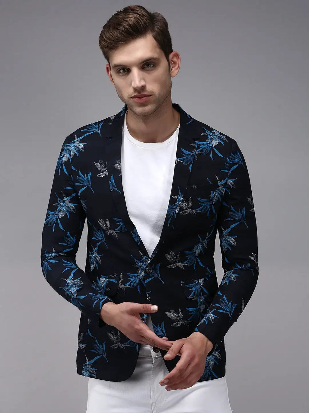 Men's Navy Blue Printed Single-Breasted Party Blazers