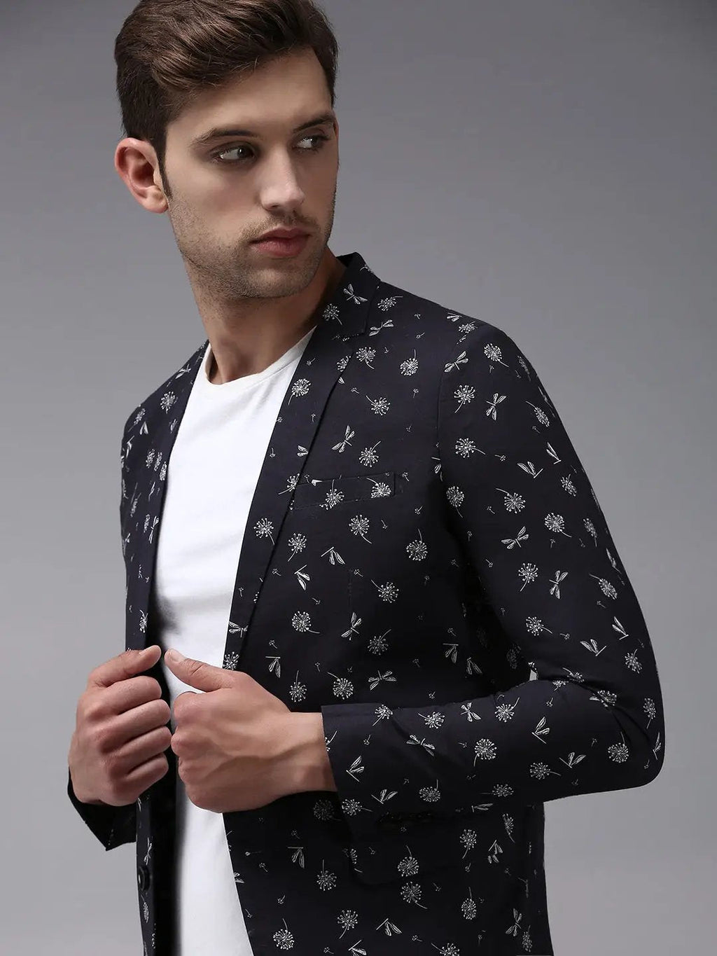 Men's Dark Grey Printed Single-Breasted Blazer