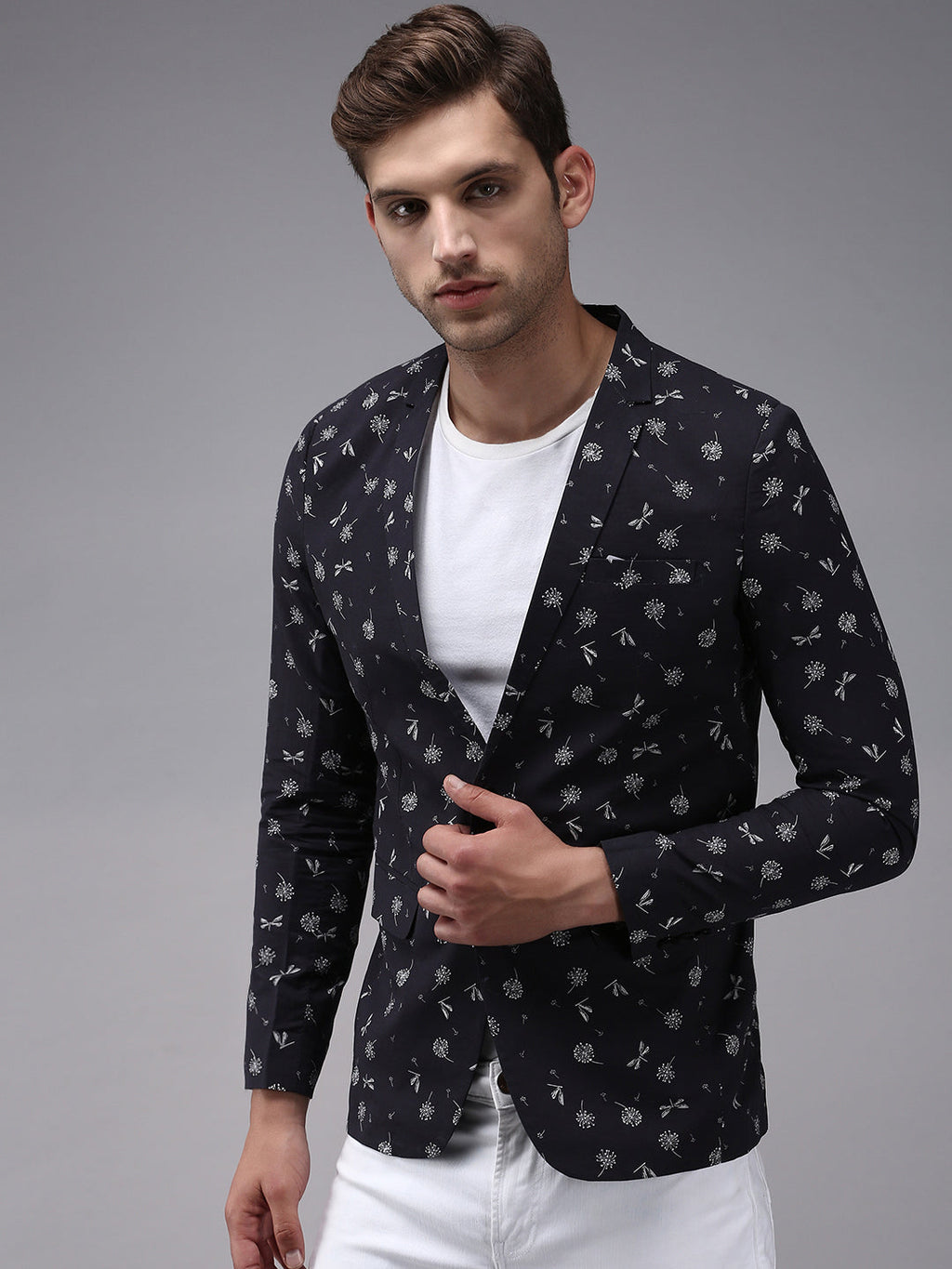 Men's Dark Grey Printed Single-Breasted Blazer