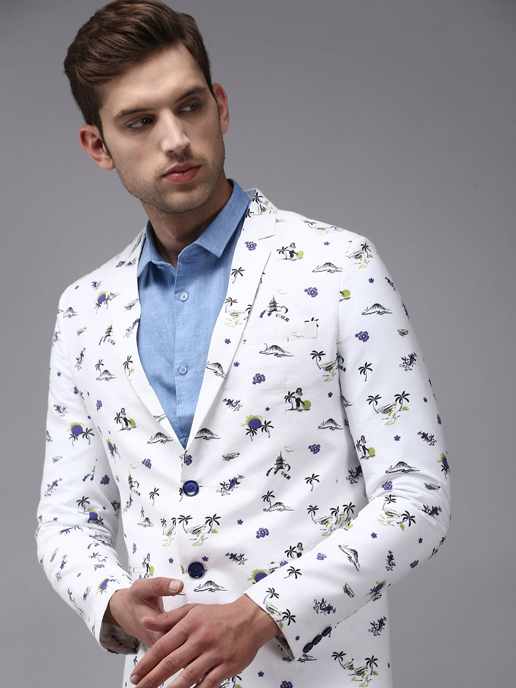 Men's White Printed Single-Breasted Blazer