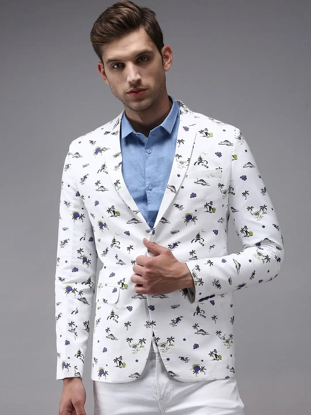 Men's White Printed Single-Breasted Blazer